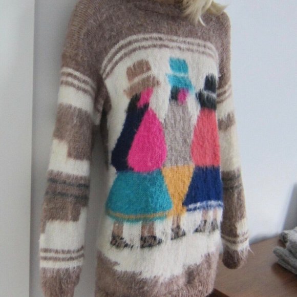 Vintage 80s figurines colourful hand knit aztec folk alpaca sweater GUC - Picture 7 of 14